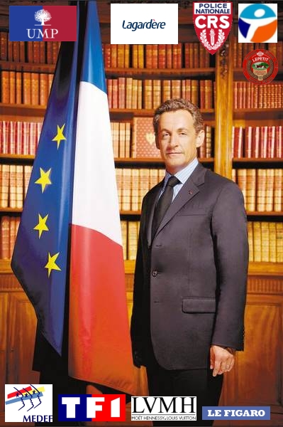Photo de Nicolas Sarkozy détournée par l'ajout de multiples logos